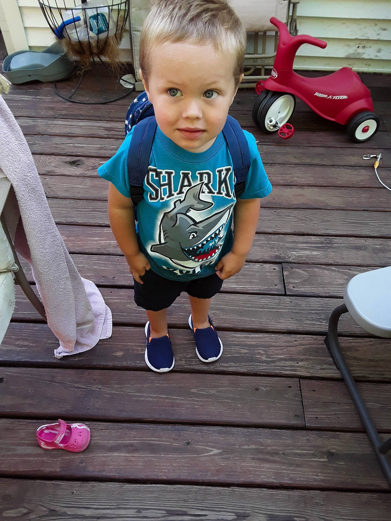 Cleo is registered to the contest to win money with this photo: child, cool, leg, person, play, standing, style, t_shirt, toddler, vacation