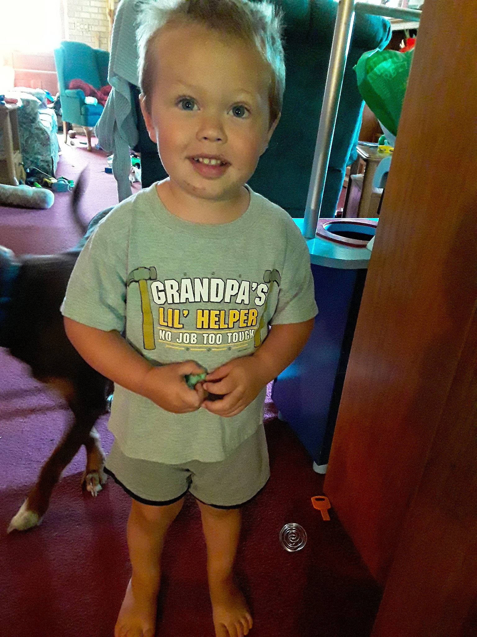 Cleo is registered to the contest to win money with this photo: baby, cheek, child, cool, ear, electronic_device, face, fun, happy, head, joint, joy, leg, person, skin, smile, standing, summer, t_shirt, toddler