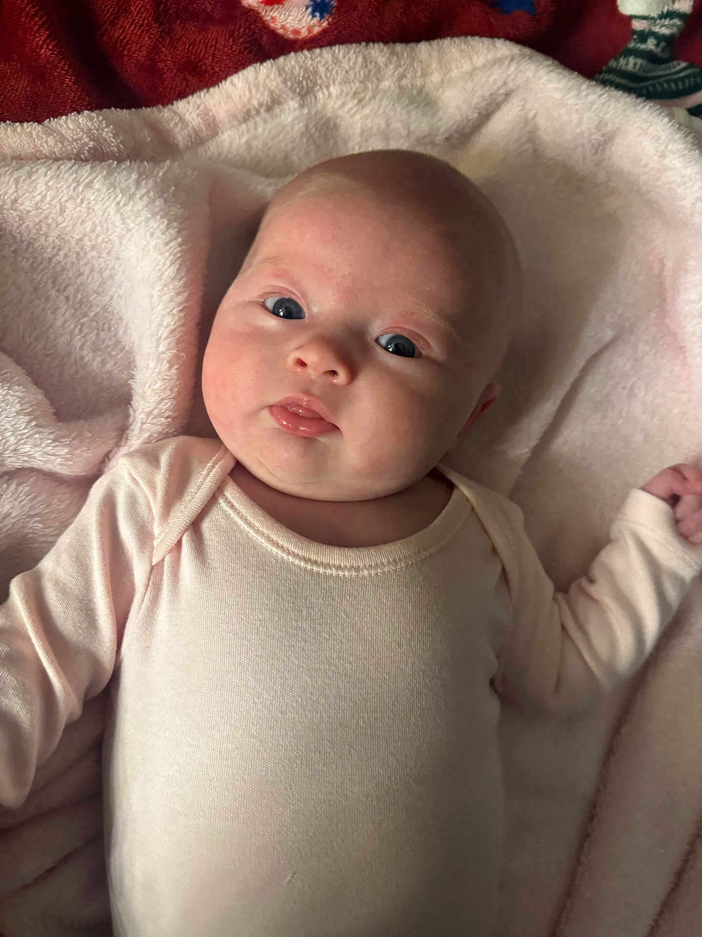 Raya is registered to the contest to win money with this photo: baby, infant, face, eyes, blanket, clothing, onesie, soft, cute, newborn, skin, head, lying, portrait, child, expression, pink, cozy, indoor, person