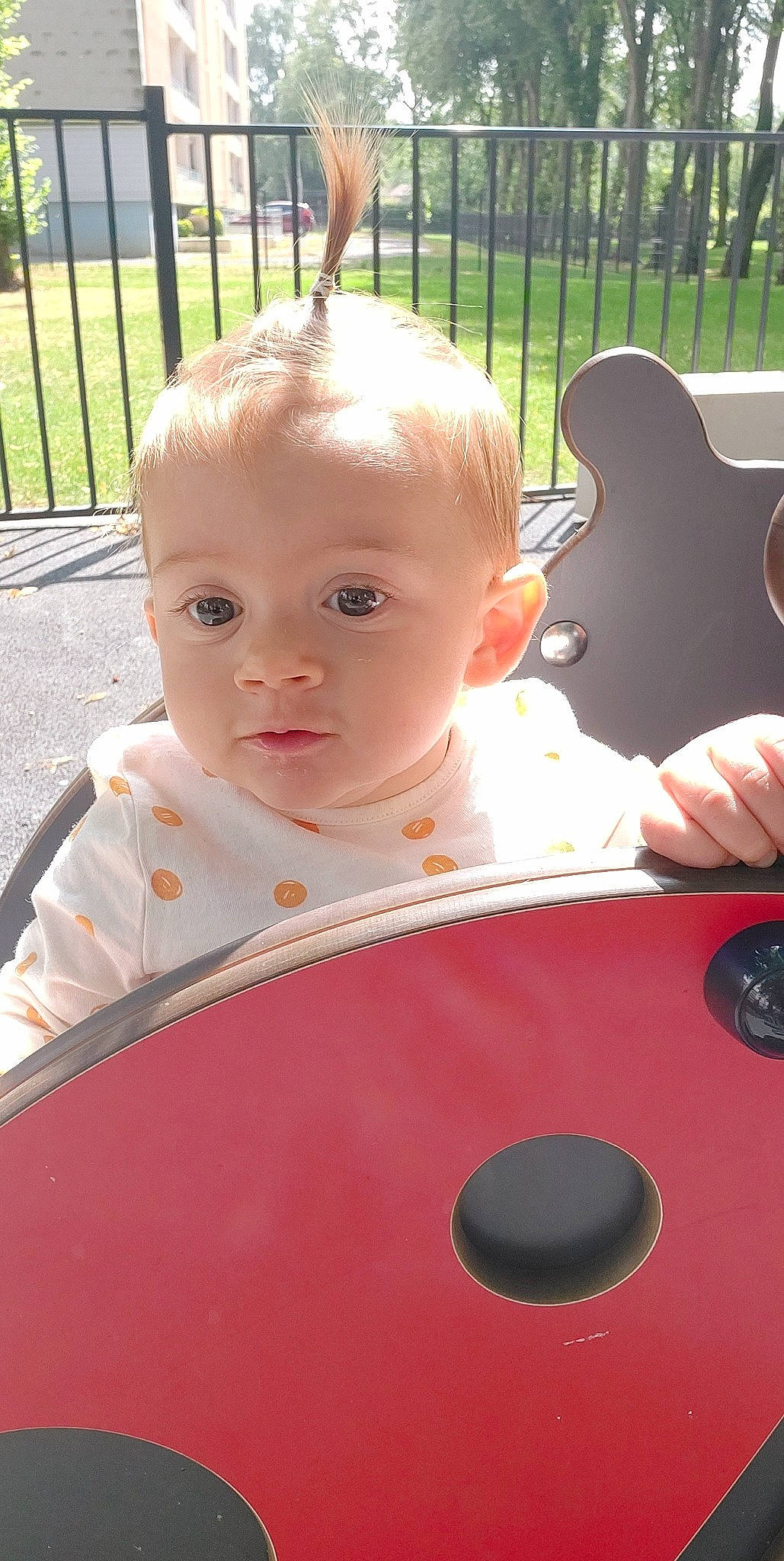 Lyla participe au concours pour gagner de l'argent avec cette photo : baby, baby_products, baby_toddler_clothing, cheek, child, chin, fence, fun, grass, guitar_accessory, happy, leisure, lip, mouth, nose, orange, person, pink, skin, snapshot