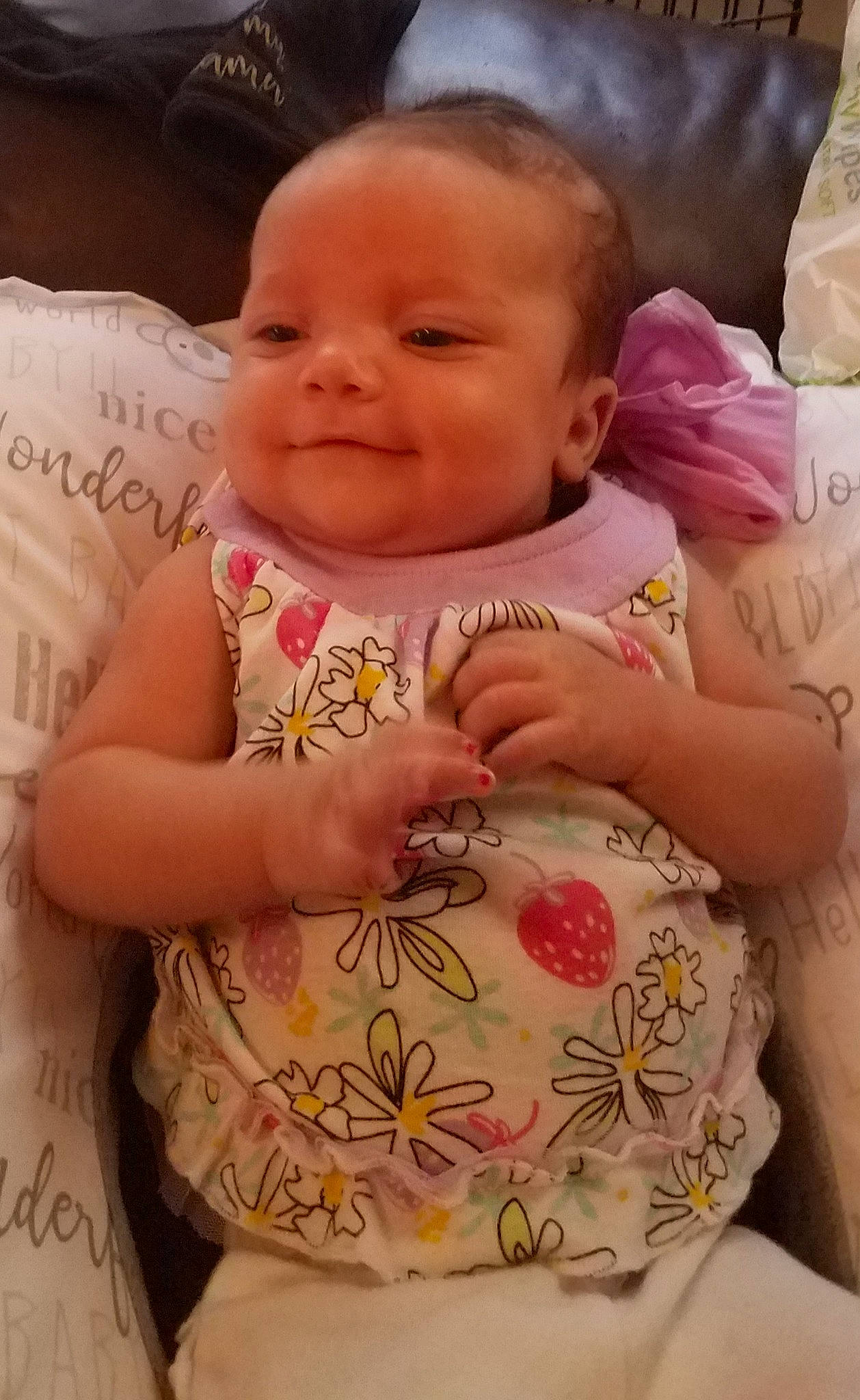 Estelle joined the competition — help win amazing prizes! baby, baby_toddler_clothing, cheek, child, face, facial_expression, finger, head, iris, lip, mouth, nose, person, pink, product, skin, smile, textile, toddler