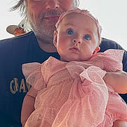 Madelyn joined the competition — help win amazing prizes! baby, infant, child, adult, man, portrait, pink_dress, tulle, blue_eyes, beard, holding, family, indoor, close_up, smartphone_screenshot, lock_screen, clock, face, sitting, safe