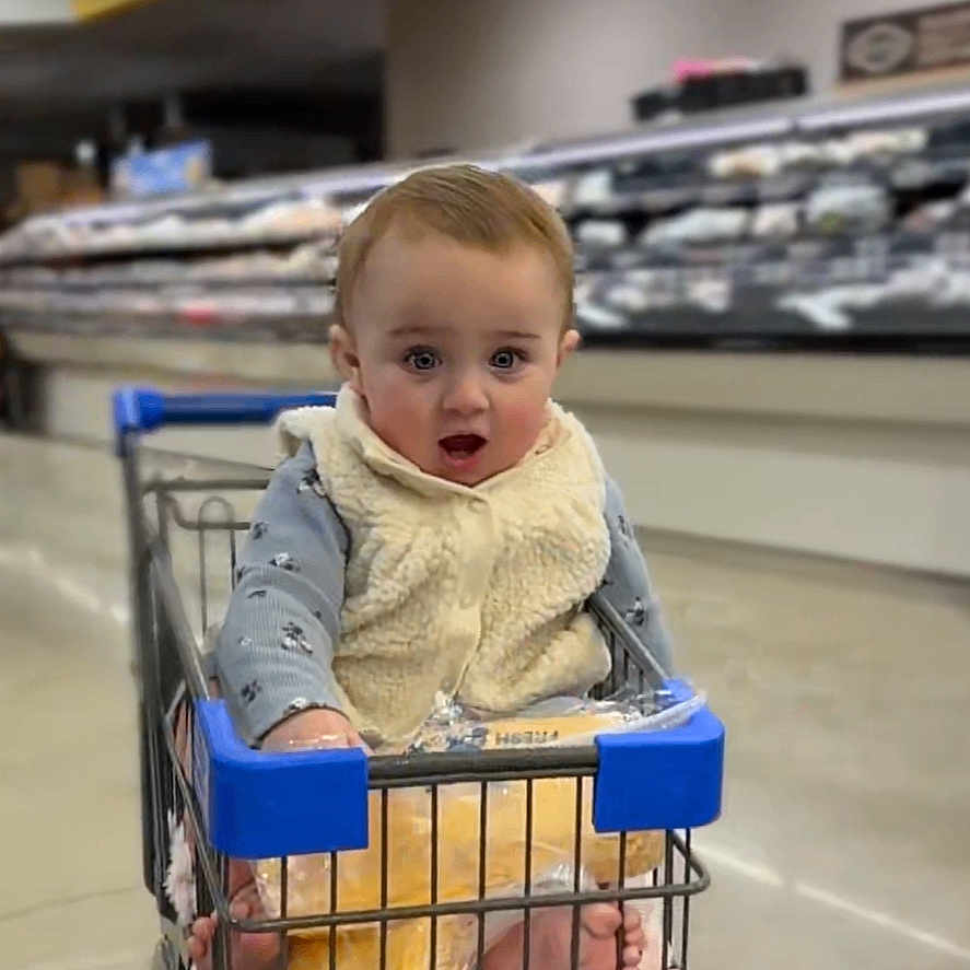 Finleigh Rae joined the competition — help win amazing prizes! aisle, baby, bare_feet, child_seat, clothing, excited, expression, face, floor, grocery_store, indoor, metal, person, plastic, retail, shopping, shopping_cart, vest, video_call, woman