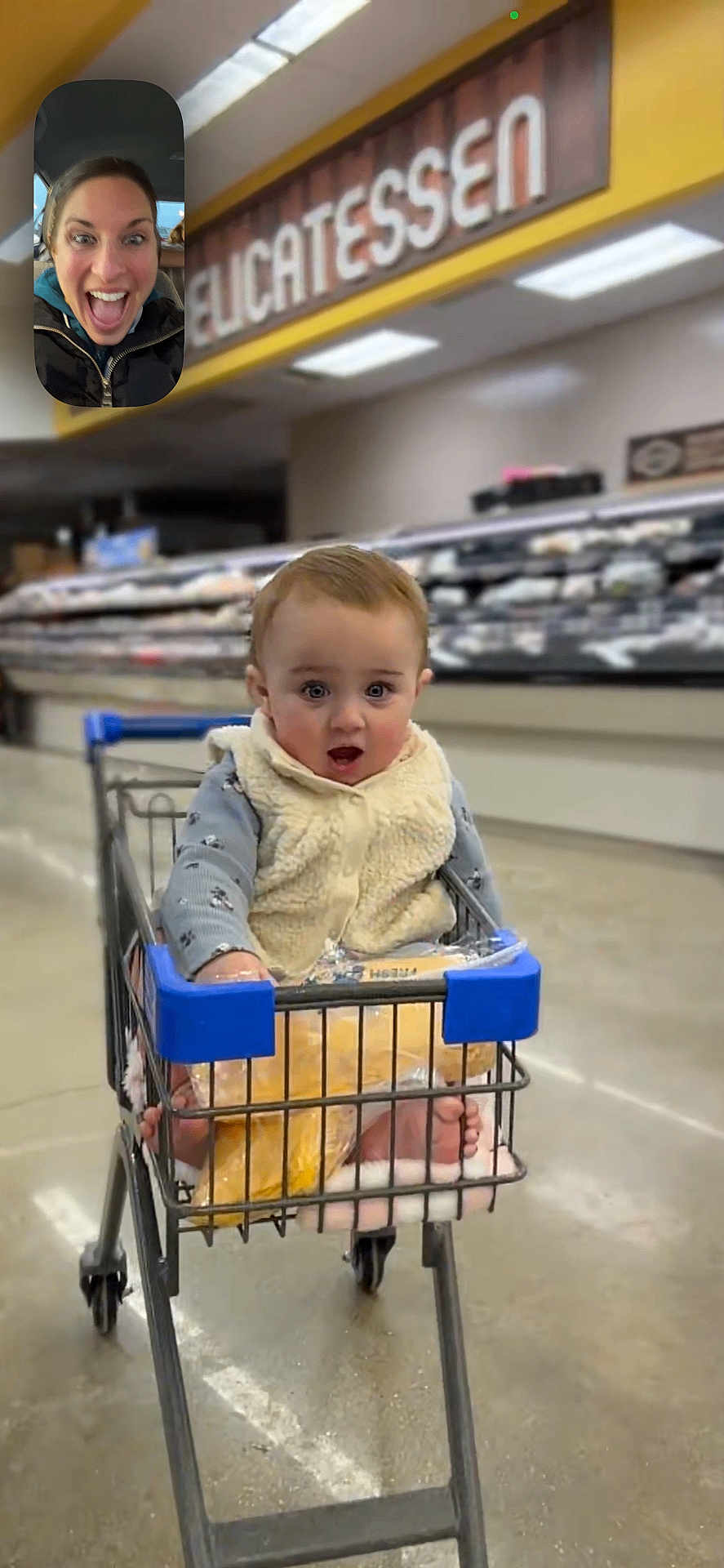Finleigh Rae joined the competition — help win amazing prizes! baby, shopping_cart, grocery_store, child_seat, vest, bare_feet, person, face, video_call, woman, excited, aisle, floor, shopping, retail, indoor, expression, clothing, metal, plastic