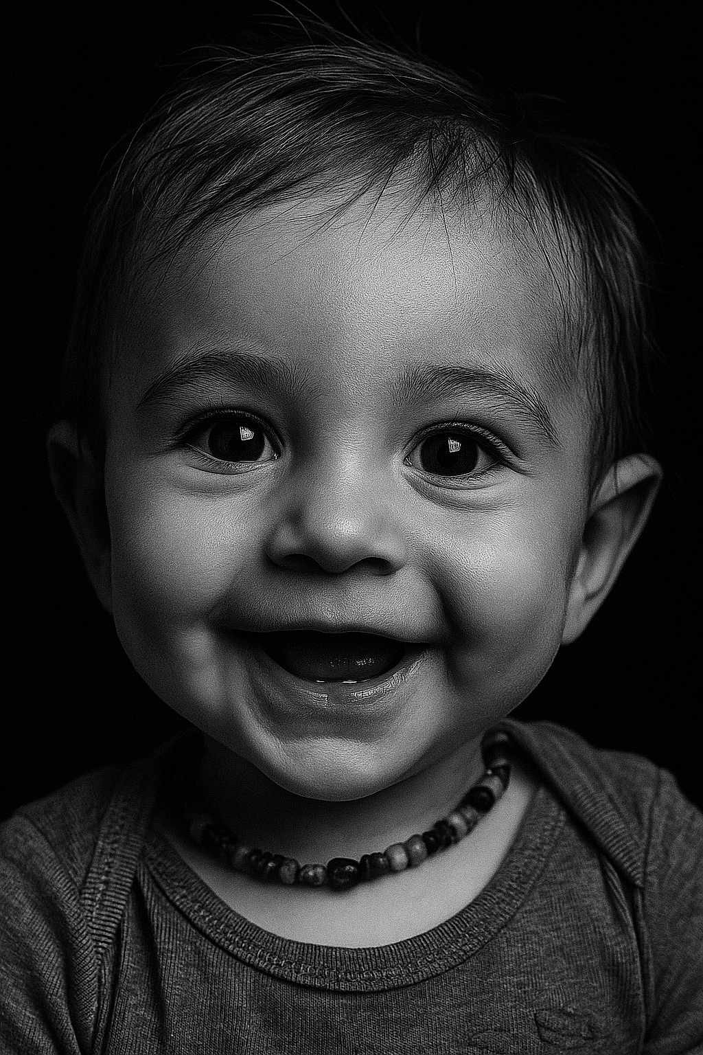 Alessio participe au concours pour gagner de l'argent avec cette photo : baby, smiling, portrait, black_and_white, close_up, face, child, necklace, eyes, happy, cute, infant, expression, person, clothing, toddler, head, mouth, skin, hair