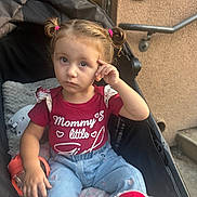 Aurora is registered to the contest to win money with this photo: blanket, building, child, girl, hair_ties, hand_gesture, handrail, heart_pattern, jeans, outdoor, photography, pigtails, portrait, red_shirt, serious_expression, sitting, slippers, stroller, toddler, walkway
