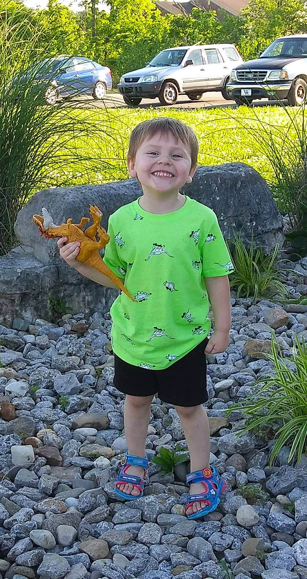 Landon joined the competition — help win amazing prizes! adaptation, car, grass, green, happy, joy, landscape, leaf, leisure, nature, people_in_nature, person, plant, public_space, shoe, sleeve, smile, summer, terrestrial_plant, tire