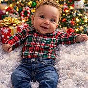 Jeremiah joined the competition — help win amazing prizes! baby, child, smiling, plaid_shirt, jeans, christmas_tree, holiday_lights, snow, gift_box, festive, curly_hair, indoors, cute, happy, decorations, seasonal, sitting, portrait, celebration, warmth