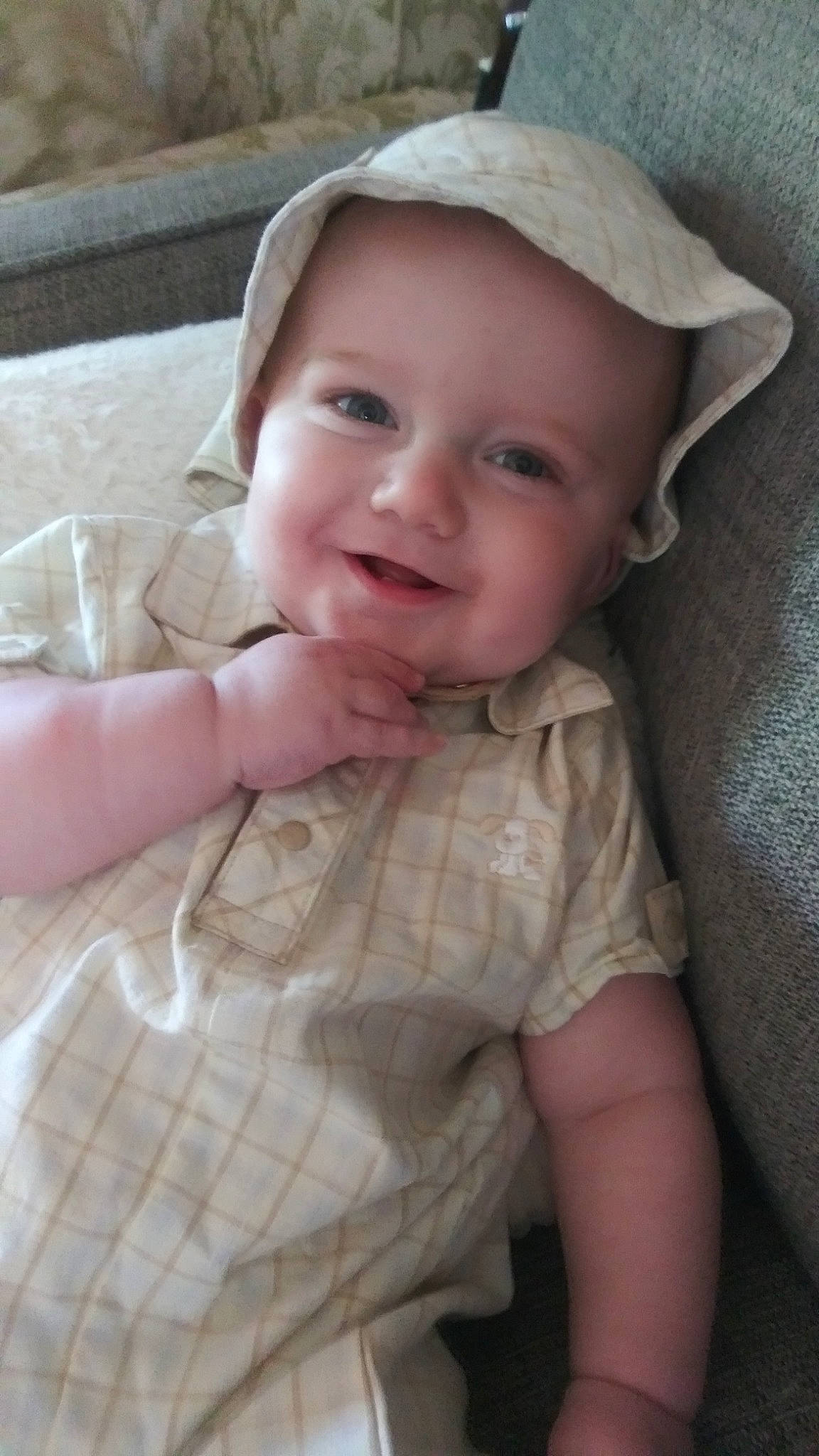 Joseph is registered to the contest to win money with this photo: baby, cheek, child, chin, ear, face, hat, head, headgear, lip, nose, person, skin, smile, toddler