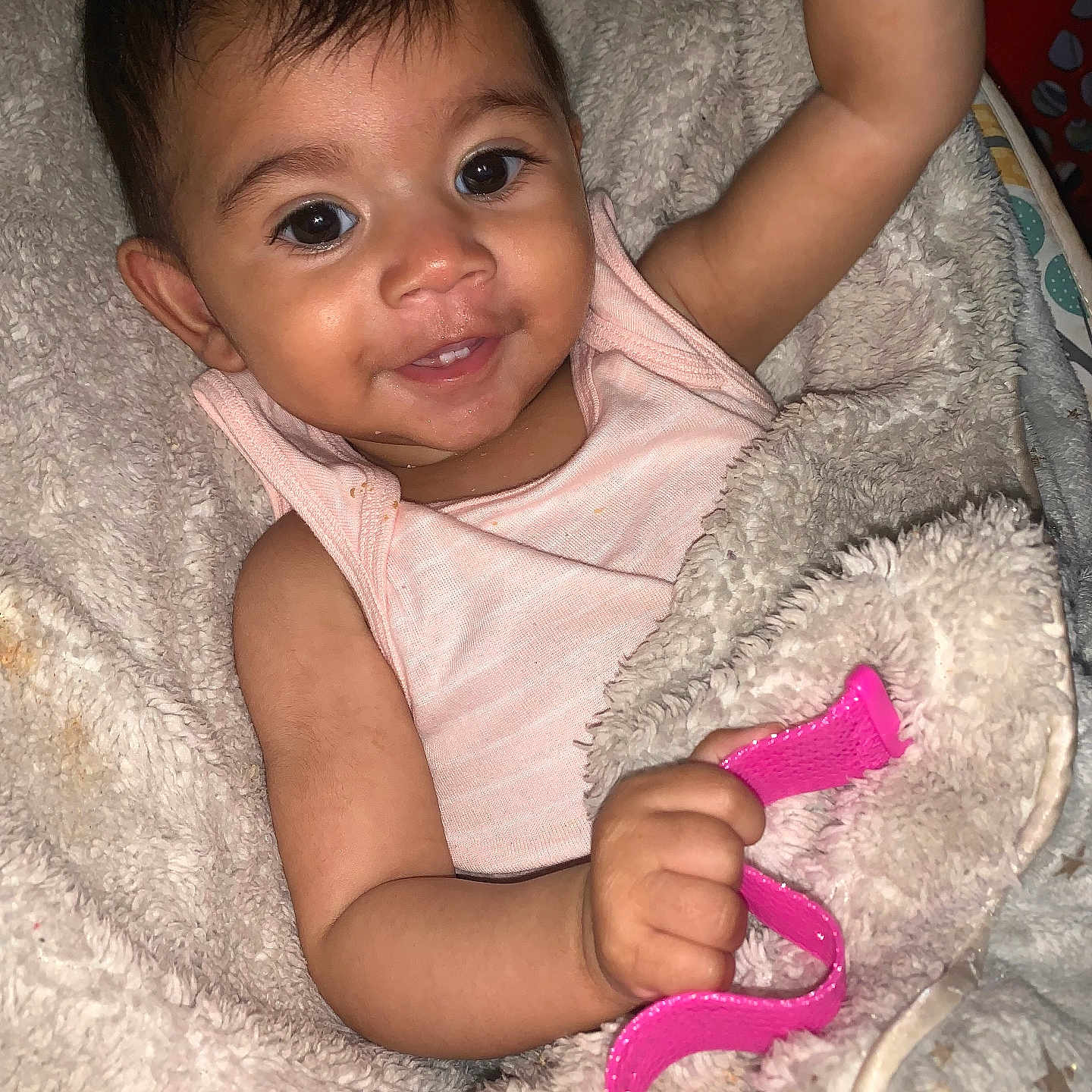 Bella joined the competition — help win amazing prizes! baby, blanket, bodypart, clothing, face, finger, footwear, furniture, hand, happy, head, homedecor, person, photography, portrait, quilt, sandal, shoe, smile, t_shirt