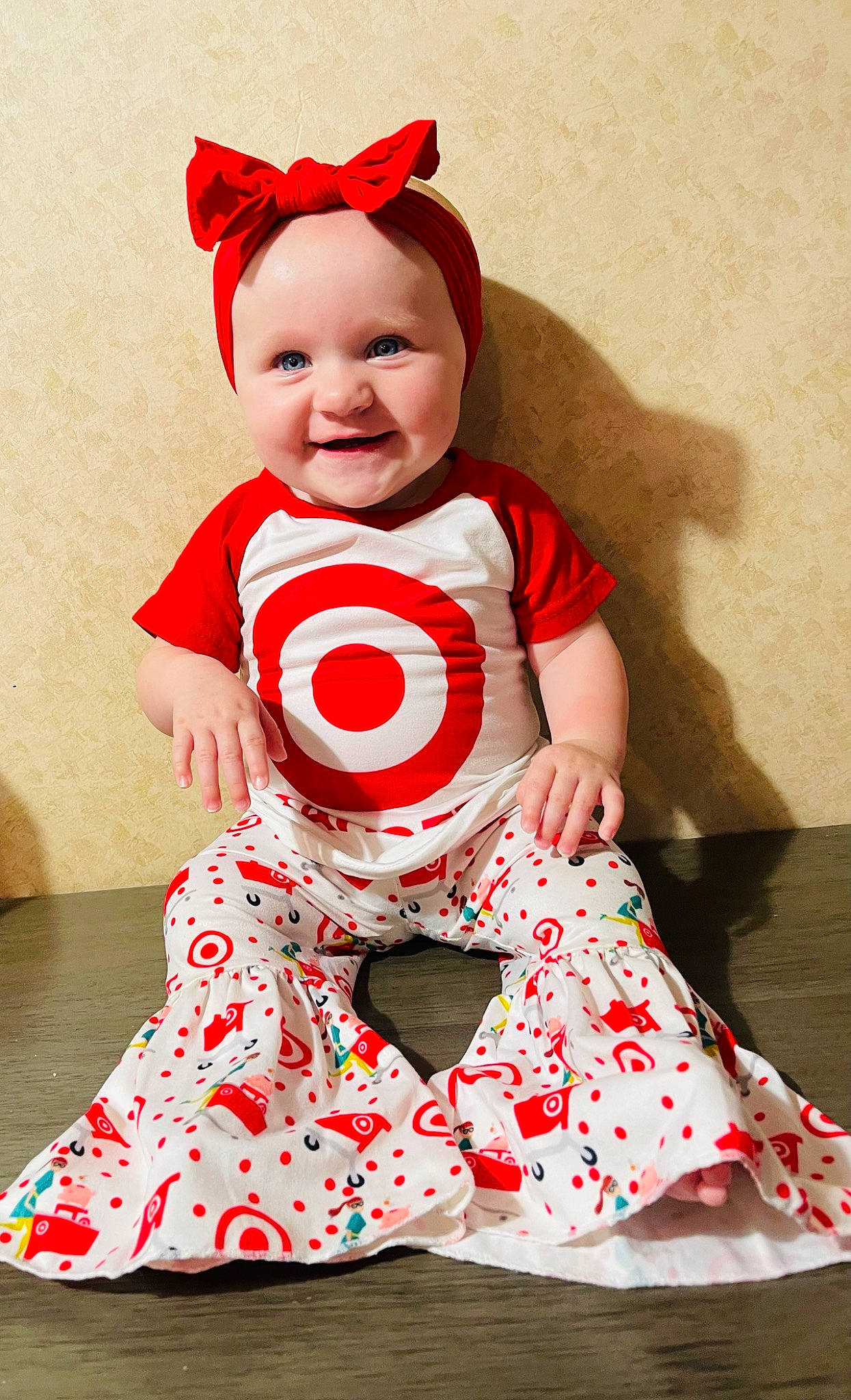Madisyn joined the competition — help win amazing prizes! baby, baby_toddler_clothing, child, clothing, costume_hat, dress, face, facial_expression, happy, hat, joy, mammal, one_piece_garment, outerwear, pattern, person, pink, sleeve, smile, standing