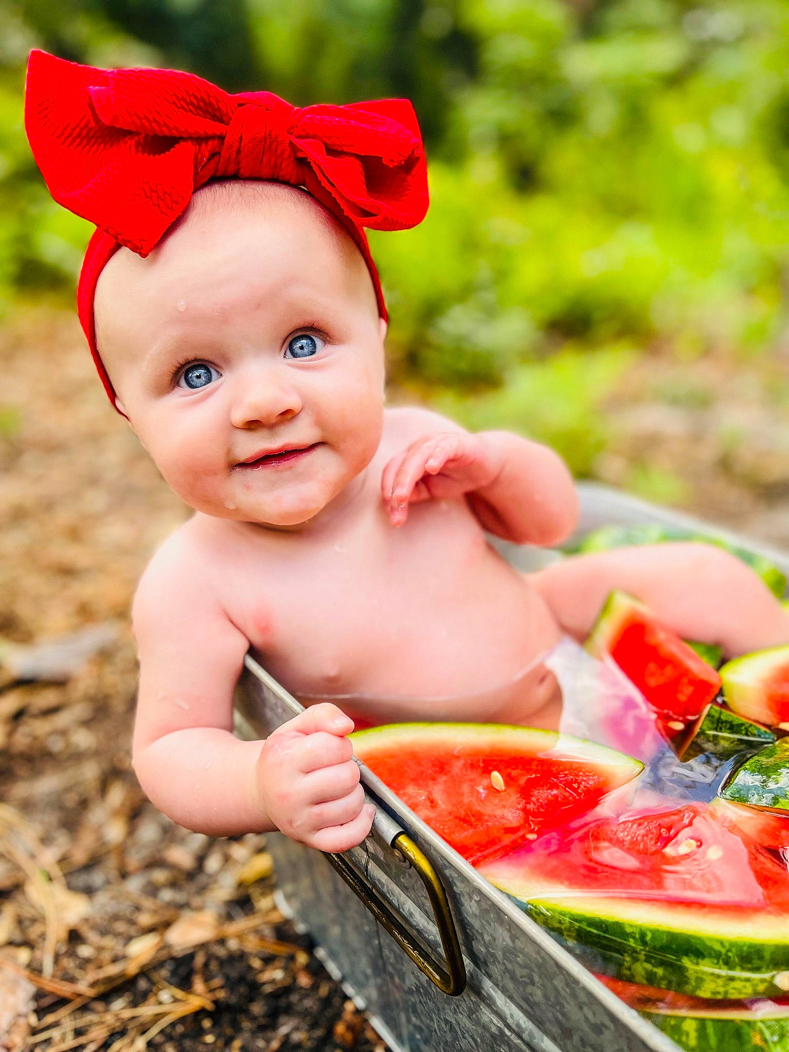Madisyn joined the competition — help win amazing prizes! baby, baby_toddler_clothing, bush_tomato, child, citrullus, costume_hat, cucumber, face, fashion_accessory, fruit, fun, grass, happy, headband, headwear, leisure, melon, people_in_nature, person, smile