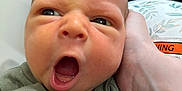 Liam is registered to the contest to win money with this photo: baby, child, close_up, clothing, cute, expression, face, green_outfit, hand, head, human, indoor, infant, newborn, person, portrait, skin, sleepy, small, yawning