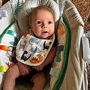 Liam joined the competition — help win amazing prizes! baby, infant, bib, dinosaur_pattern, baby_seat, cushion, cute, child, indoors, carpet, expression, small_hands, small_feet, toy, fabric, comfort, colorful, pattern, curious, portrait