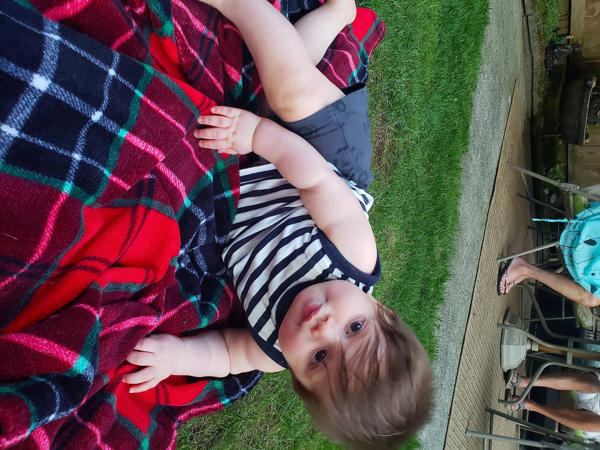 Bronson joined the competition — help win amazing prizes! child, fun, grass, grass_family, green, happy, lawn, leaf, leisure, pattern, people_in_nature, person, plaid, plant, product, red, smile, summer, tartan, toddler