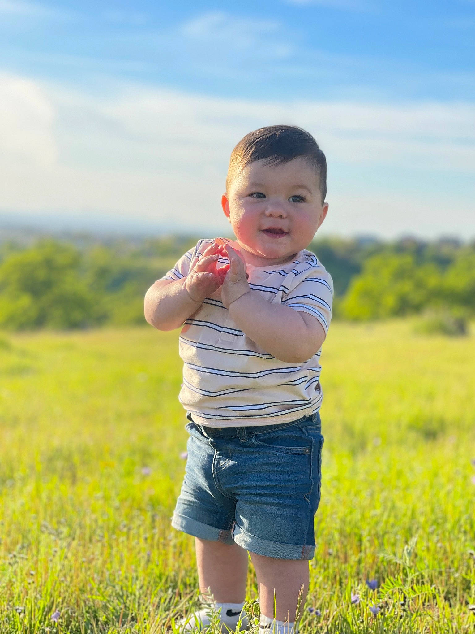 Brodie joined the competition — help win amazing prizes! azure, baby, baby_toddler_clothing, child, cloud, fun, grass, grass_family, grassland, happy, landscape, lawn, meadow, people_in_nature, person, plant, shorts, sky, summer, sunlight