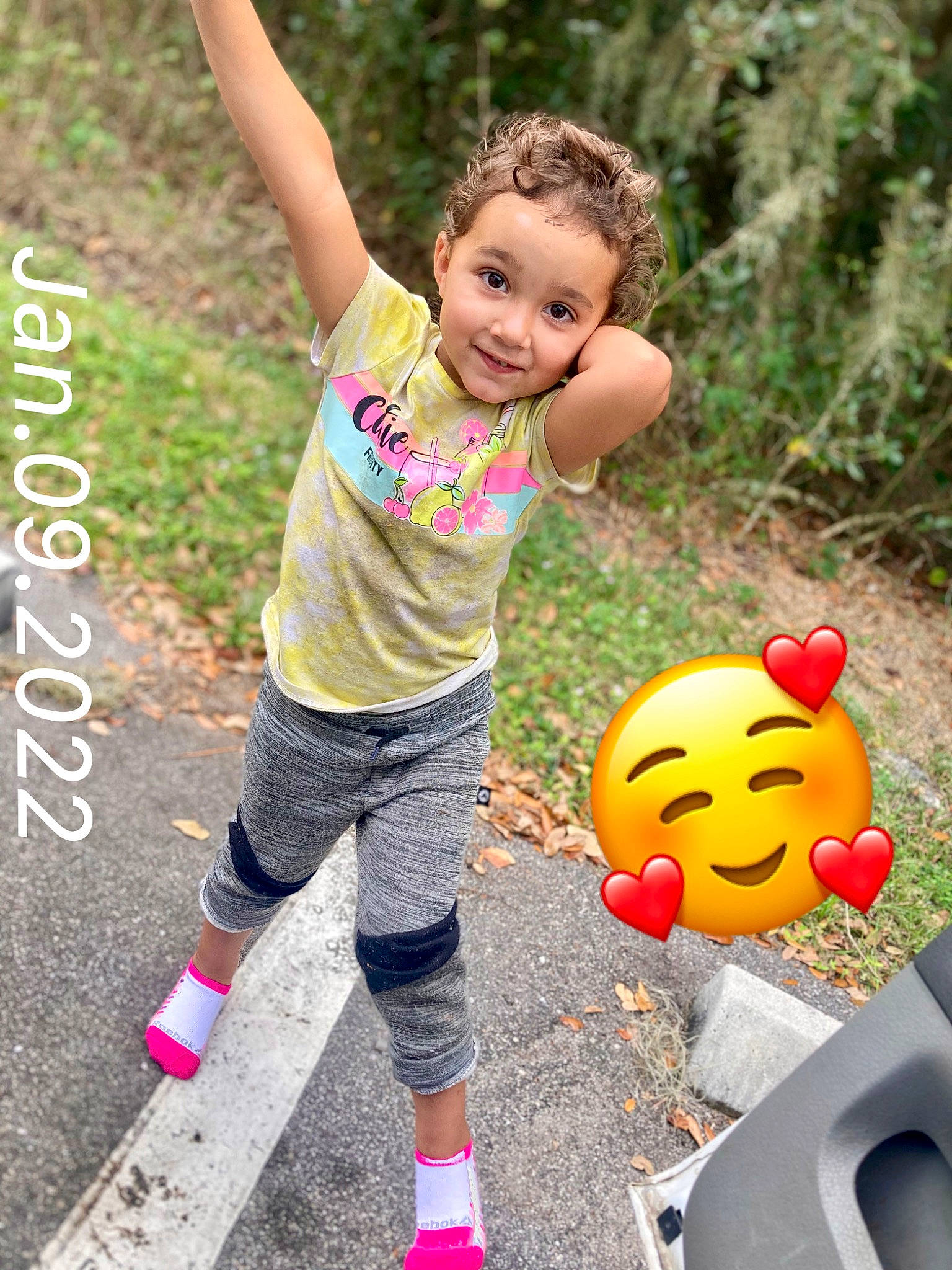 Novalee joined the competition — help win amazing prizes! child, face, facial_expression, fun, grass, happy, joy, leisure, mammal, people_in_nature, person, photograph, plant, public_space, pumpkin, recreation, shoe, shorts, smile, sneakers