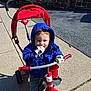 toddler, child, tricycle, jacket, gloves, outdoor, sidewalk, red, blue, smiling, sunlight, play, toy, footwear, handlebar, pavement, person, young_child, hood, casual