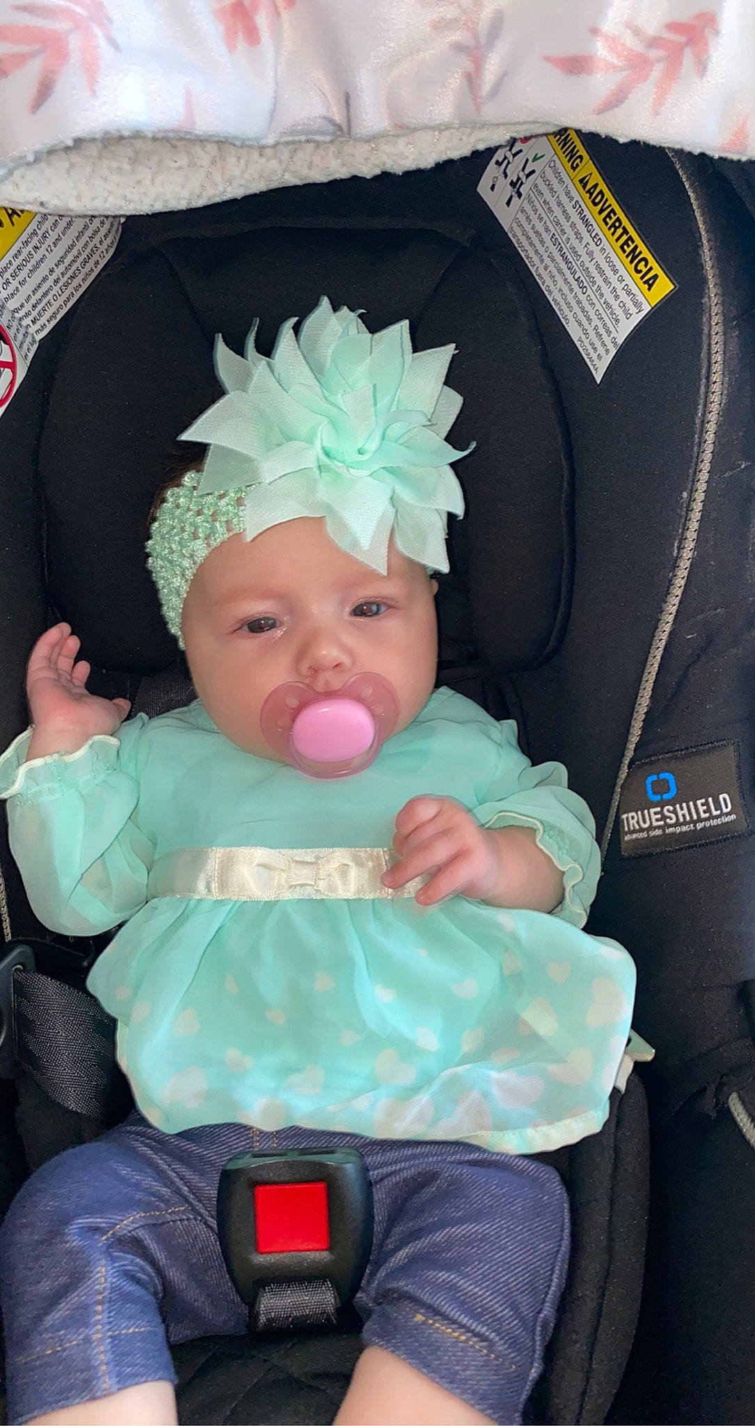 Hadlee joined the competition — help win amazing prizes! baby, baby_carriage, baby_products, baby_safety, baby_sleeping, baby_toddler_clothing, baby_toys, car_seat, cheek, child, comfort, eye, fashion_accessory, fun, happy, headband, headwear, person, pink, sitting