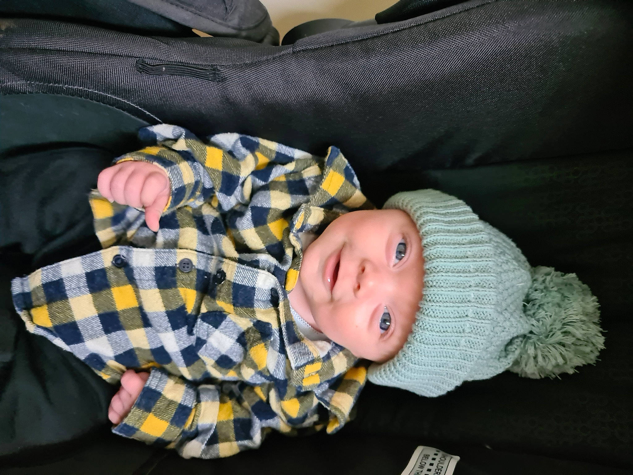 Gary joined the competition — help win amazing prizes! baby, baby_products, baby_toddler_clothing, child, comfort, headwear, lap, pattern, person, plaid, sitting, sleeve, smile, textile, toddler, tree