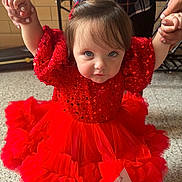 Lilyonna joined the competition — help win amazing prizes! toddler, child, red_dress, sequins, ruffles, indoor, holding_hands, curious_expression, number_tag, event, floor, plaid_shirt, adult_hands, portrait, cute, person, young_child, looking_up, fashion, casual