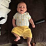Ryatt is registered to the contest to win money with this photo: baby, blanket, child, couch, expression, feet, furniture, happy, home, indoors, infant, lying_down, patterned_shirt, person, relaxing, remote_control, slippers, smiling, sofa, yellow_shorts