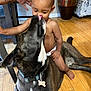 Yami is registered to the contest to win money with this photo: baby, dog, indoor, floor, wooden_floor, furniture, child, pet, affection, tongue, collar, diaper, hand, tattoo, playful, flooring, large_dog, cute, domestic_animal, bonding
