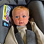 baby, child, car_seat, blue_eyes, sweater, seatbelt, gray, knit, infant, cute, portrait, indoor, safety, child_seat, straps, young, person, closeup, seat, curious