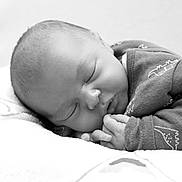 Sasha a rejoint le concours — aidez-le/la à gagner de superbes lots ! newborn, baby, sleeping, infant, onesie, dinosaur_pattern, blanket, closeup, peaceful, resting, cozy, soft, cute, child, portrait, monochrome, black_and_white, tiny_hands, face, relaxation