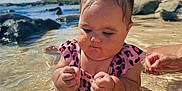 Kaili-Reign joined the competition — help win amazing prizes! baby, beach, child, cute, exploring, hand, mountain, nature, ocean, outdoor, pigtails, pink_clothing, portrait, rocks, shallow_water, sitting, sky, summer, sunny, water
