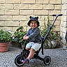 child, toddler, tricycle, hat, smiling, outdoor, plants, potted_plants, brick_wall, concrete_floor, shorts, long_sleeve_shirt, footwear, happy, toy_vehicle, handle, greenery, sunlight, casual_clothing, portrait