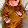 baby, infant, child, cute, fuzzy_suit, bear_costume, hood, ears, soft_texture, blanket, hands, feet, portrait, indoors, closeup, adorable, expression, sleepwear, warm, cozy