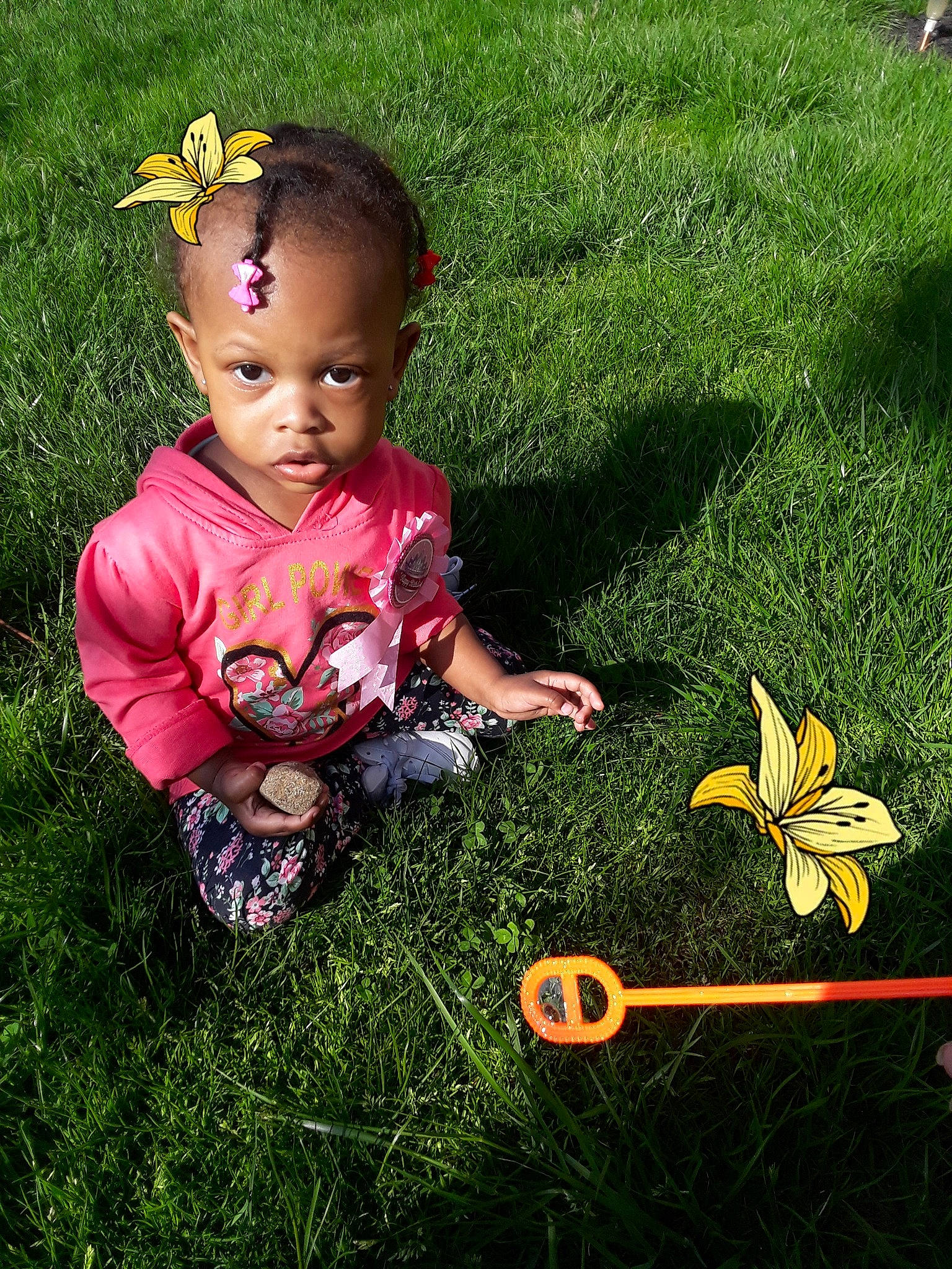 Zoey is registered to the contest to win money with this photo: baby, butterfly, child, flower, grass, grass_family, green, happy, head, lawn, leaf, organism, person, pink, plant, play, skin, spring, summer, toddler