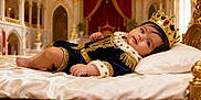 Viansh is registered to the contest to win money with this photo: baby, bed, child, costume, crown, decor, gold, indoor, infant, laying_down, luxury, palace, portrait, regal, rich, royalty, smile, soft_pillow, throne_room, velvet