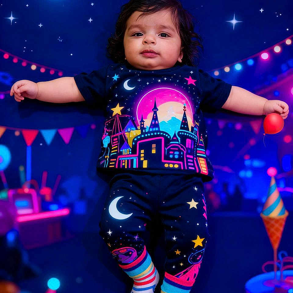 Viansh is registered to the contest to win money with this photo: baby, background_decor, balloon, celebration, child, cityscape_design, clothing, colorful, cute, face, indoor, infant, moon, night_theme, party_lights, portrait, purple_hearts, smiling, socks, stars