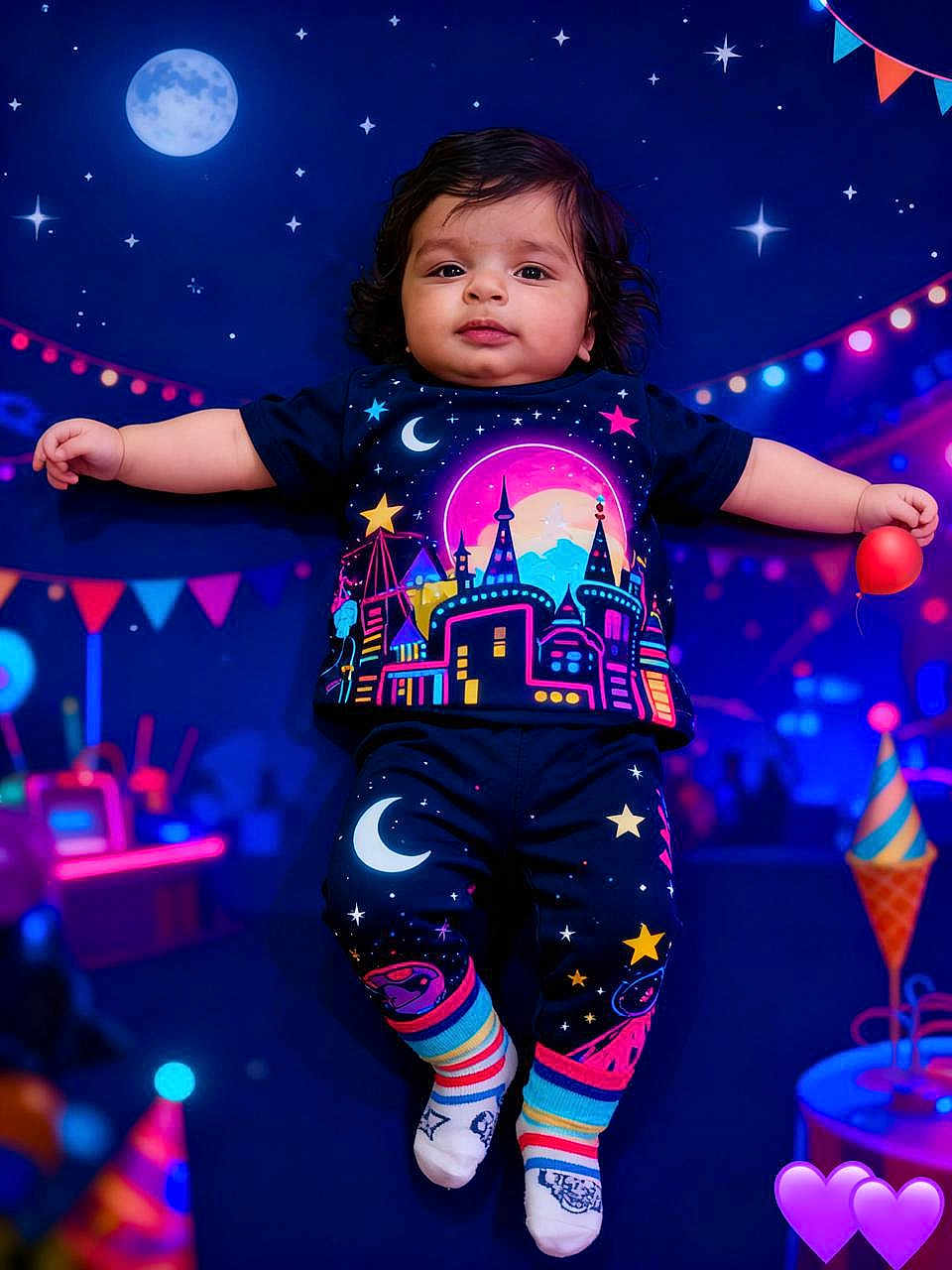 Viansh is registered to the contest to win money with this photo: baby, background_decor, balloon, celebration, child, cityscape_design, clothing, colorful, cute, face, indoor, infant, moon, night_theme, party_lights, portrait, purple_hearts, smiling, socks, stars