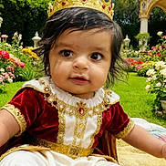 Viansh joined the competition — help win amazing prizes! baby, blanket, child, crown, cute, daytime, flowers, garden, gold_trim, grass, greenery, nature, outdoor, person, portrait, red_clothing, royal_costume, smiling, sunny, young_child