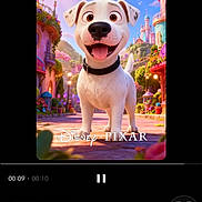 Nuke is registered to the contest to win money with this photo: dog, puppy, cartoon, illustration, ai_generated, white_dog, smiling, standing, collar, magical, theme_park, castle, colorful, balloons, flowers, outdoor, fantasy, portrait, video_editor, screenshot