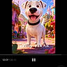 dog, puppy, cartoon, illustration, ai_generated, white_dog, smiling, standing, collar, magical, theme_park, castle, colorful, balloons, flowers, outdoor, fantasy, portrait, video_editor, screenshot