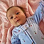 baby, infant, blanket, blue_onesie, cherry_pattern, soft_texture, cute, lying_down, child, face, expression, skin, head, clothing, newborn, sleepwear, comfort, warm, indoor, portrait