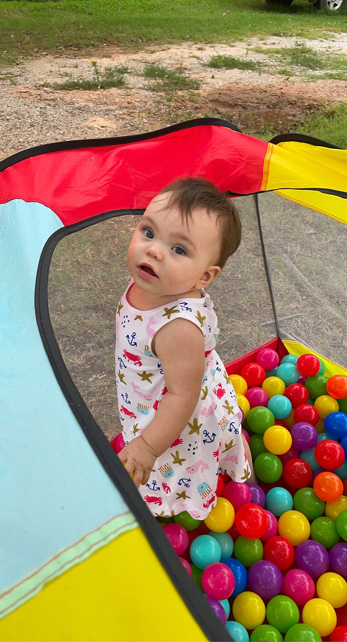 Paisley is registered to the contest to win money with this photo: baby, baby_toddler_clothing, ball, ball_pit, beauty, child, fun, grass, leisure, people, people_in_nature, person, photograph, pink, product, public_space, recreation, snapshot, summer, toddler