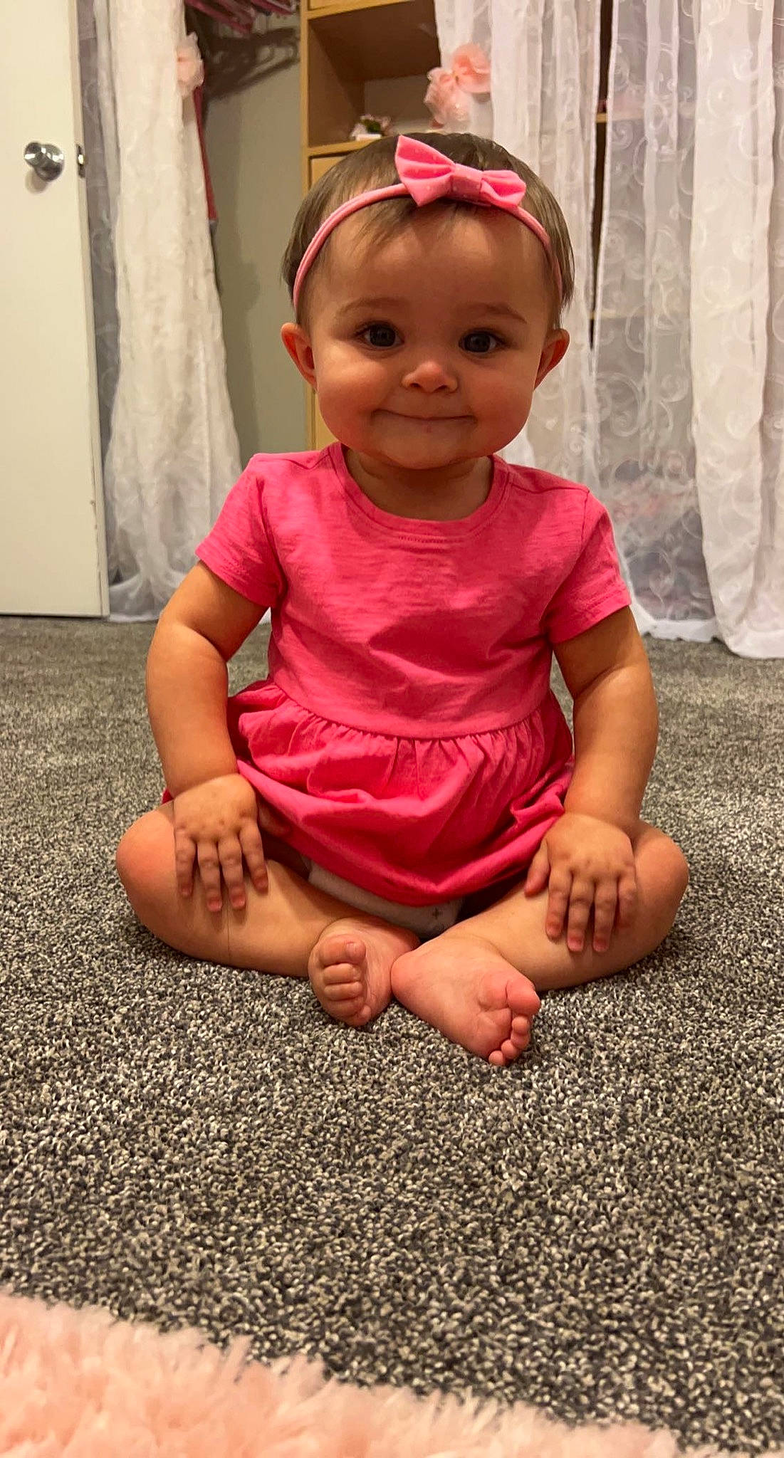 Annslee joined the competition — help win amazing prizes! baby_toddler_clothing, beauty, child, curtain, dress, finger, flooring, foot, fun, gesture, hand, happy, joy, person, photograph, pink, red, skin, sleeve, smile