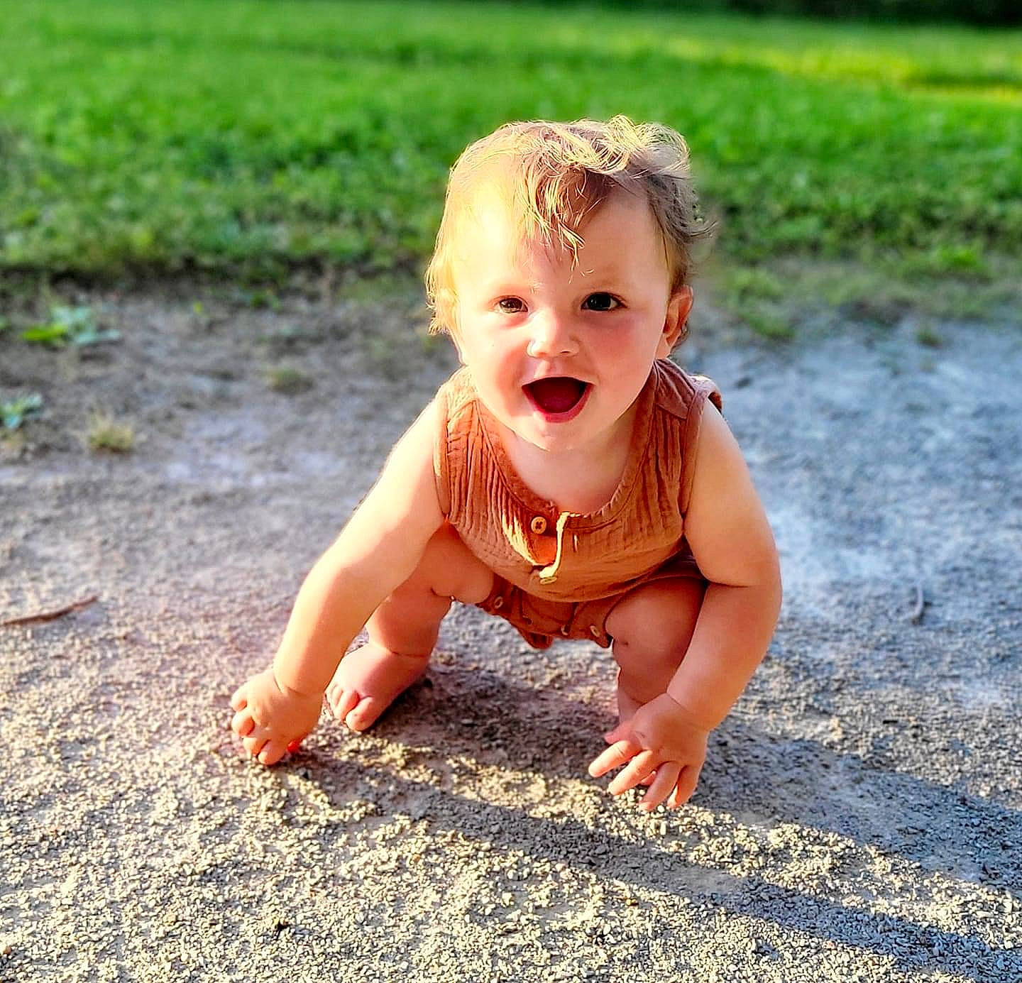 Barrett joined the competition — help win amazing prizes! asphalt, baby, crawling, flash_photography, flooring, grass, happy, head, human_body, leaf, leg, leisure, mammal, natural_environment, people_in_nature, person, plant, smile, sunlight, toddler