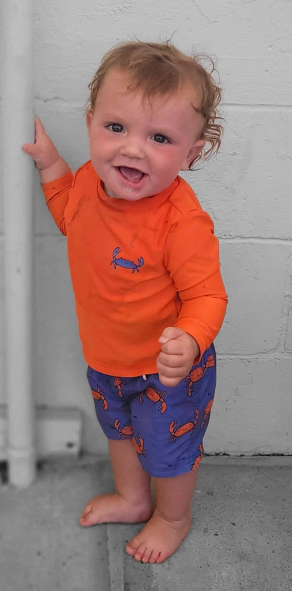 Barrett joined the competition — help win amazing prizes! baby_toddler_clothing, bermuda_shorts, cheek, gesture, happy, human_body, iris, joint, leg, lip, neck, nose, orange, organ, person, shoulder, skin, sleeve, smile, standing