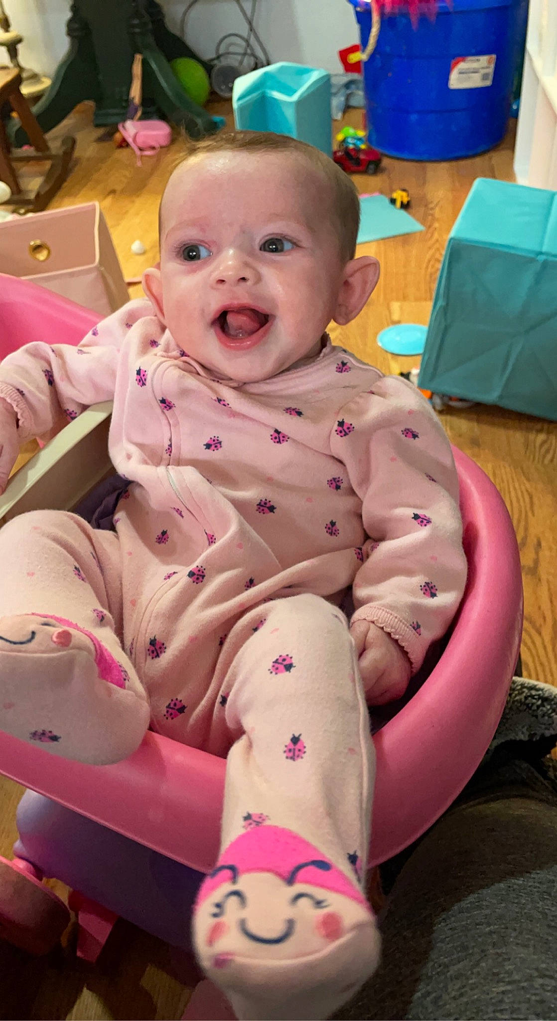 Paisley joined the competition — help win amazing prizes! baby, baby_toddler_clothing, cheek, child, chin, comfort, eye, face, green, happy, head, human_body, knee, mouth, person, pink, purple, skin, smile, thigh