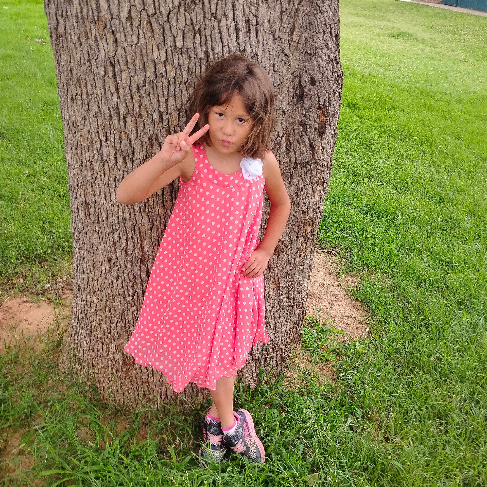 Natalee is registered to the contest to win money with this photo: casual, child, cute, fashion, girl, grass, greenery, nature, outdoor, park, peace_sign, person, pink_dress, playful, polka_dot, portrait, sneakers, summer, tree, young