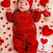 Anthony joined the competition — help win amazing prizes! baby, red_overalls, red_hat, valentines_day, hearts, teddy_bear, milestone_card, fluffy_blanket, cute, infant, love, heart_shapes, lying_down, celebration, adorable, portrait, soft_texture, holiday_theme, child, smiling_face