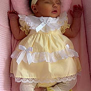 Ivy-Lee joined the competition — help win amazing prizes! baby, bows, child, cozy, cushion, cute, dress, hands, headband, infant, lace, legs, pink, portrait, resting, sleeping, socks, soft, white, yellow