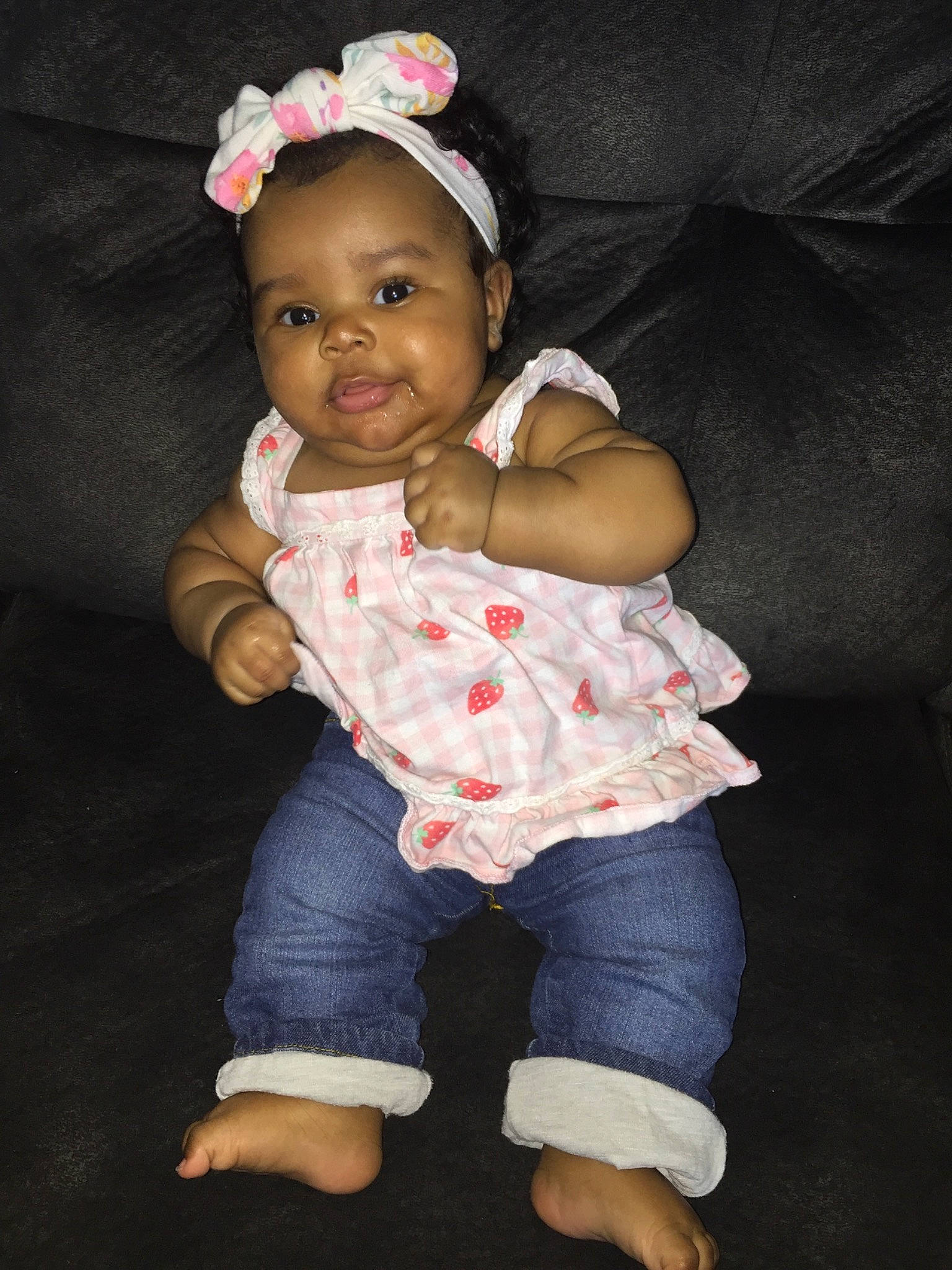 Alani joined the competition — help win amazing prizes! baby, baby_toddler_clothing, cheek, child, fun, hair_accessory, headgear, iris, person, pink, product, sitting, skin, smile, standing, toddler