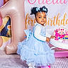 toddler, child, birthday, party, balloon, dress, blue_dress, walker, toy, celebration, indoor, floor, hair_bows, curly_hair, smiling, portrait, decorations, banner, number_one, princess